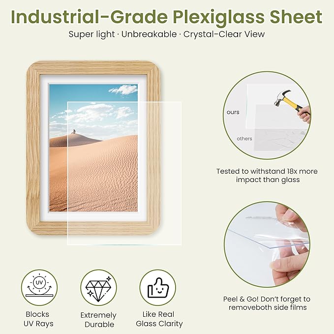 6x8 Round Corner Picture Frame, Solid Oak Wood Frame With Mat For 5x7 And Plexiglass, Includes Hanging Hardware For Wall Or Tabletop Photo Frame, Natural Oak, 3 Pack