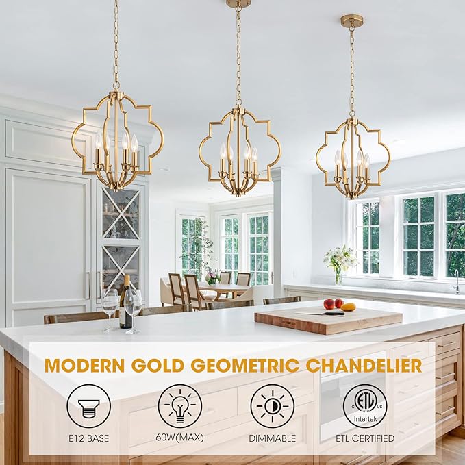 15.6" Brushed Gold Dining Room Light Fixtures Over Table, 4 Light Rustic Orb Geometric Pendant Light, Farmhouse Brass Chandelier for Entryway Foyer Bathroom