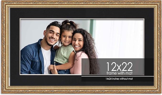 12x22 Frame with Mat - Antique Gold 14x24 Frame Wood Made to Display Print or Poster Measuring 12 x 22 Inches with Black Photo Mat