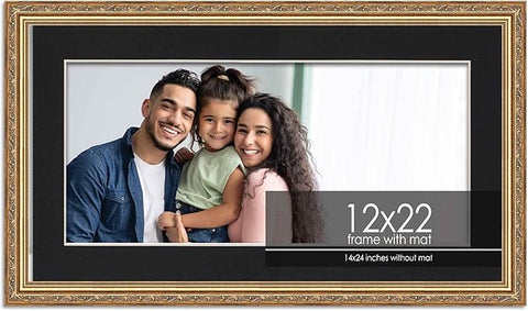 12x22 Frame with Mat - Antique Gold 14x24 Frame Wood Made to Display Print or Poster Measuring 12 x 22 Inches with Black Photo Mat