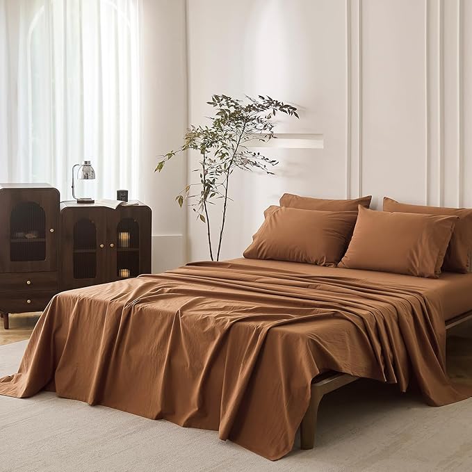 6PS Linen Like Bedding Sheet Sets Deep Orange King Size Cotton Bedding Set Oeko-TEX Standard 100% Washed Cotton Deep Pocket King Size Fitted Sheet Plus Cozy Flat Sheet and 4 Pillowcases