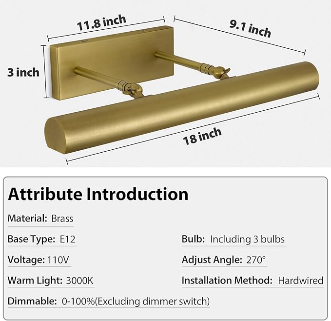 Picture Light, 18inch Brass Picture Lights for Wall,Hardwired Brushed Gold Picture Lights,270° Rotatable Wall Lights for Pictures, 3-Light Picture Frame Light for Painting Display Artwork Portrait