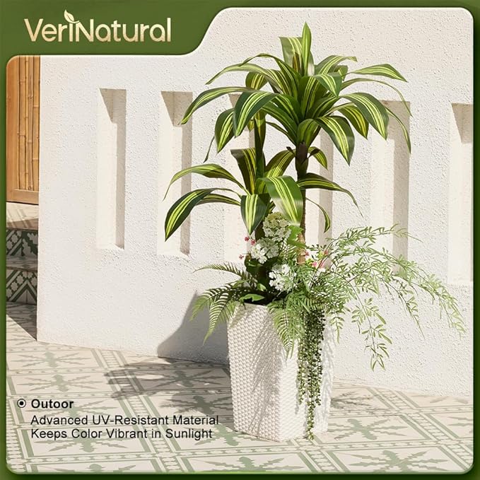 Artificial Dracaena Tree 4ft Artificial Plants Indoor UV Resistant, Dracaena Fake Plants with Multiple Plants in White Tall Planter for Indoor Outdoor Decoration (1 Pack)