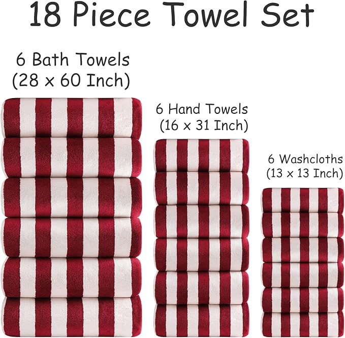 18 Pcs Red Cabana Stripe Family Towels Set with Hanging Loop-6 Bath Sheets,6 Hand Towels,6 Washcloths Ultra Soft Bathroom Towel Highly Absorbent Quick Dry Shower Towel for Beach Chair,Spa,Gym,Hotel