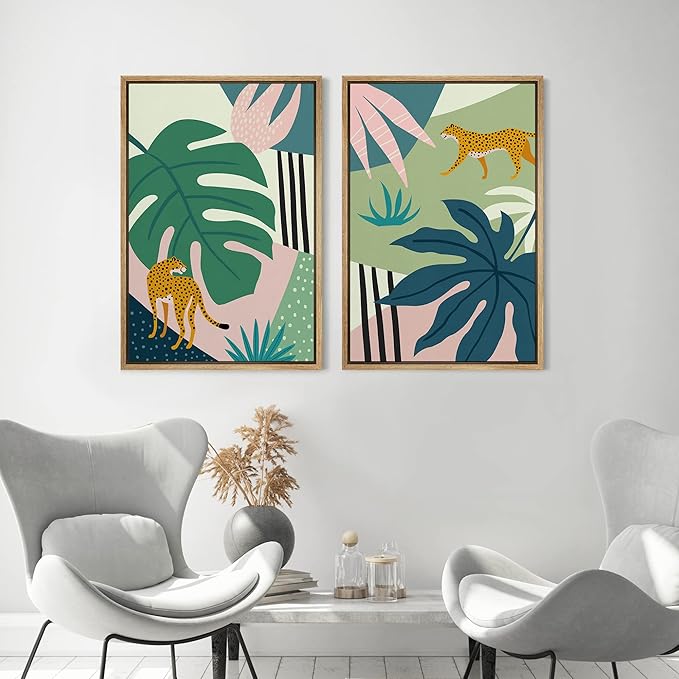 MUDECOR Framed Canvas Print Wall Art Jungle Cheetahs with Tropical Monstera Leaves Abstract Shapes Illustrations Modern Bohemian Nature for Living Room, Bedroom, Office - 16"x24"x2 Natural