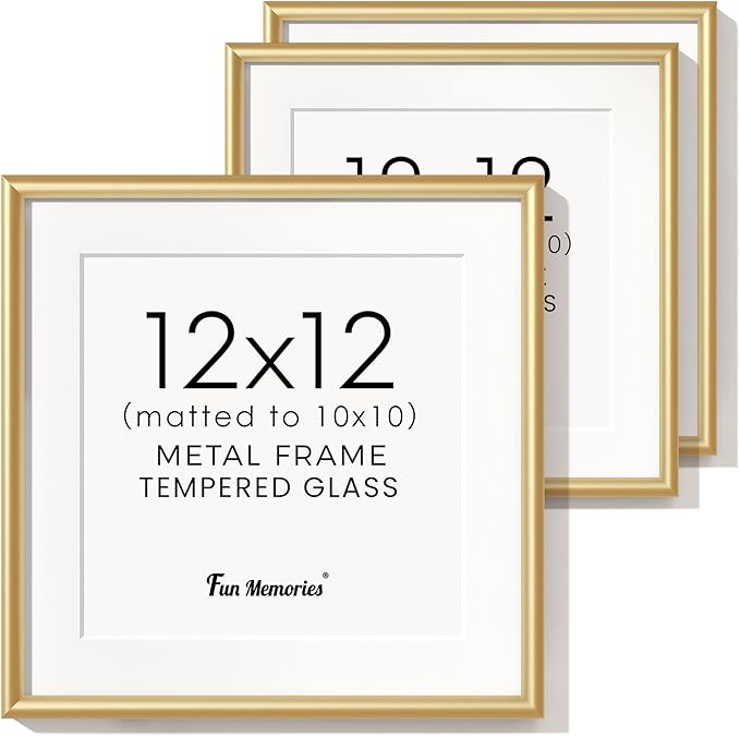 12x12 Gold Picture Frame, 12 x 12 Metal Frame Set of 3, Modern Gold Aluminum Frames with Tempered Glass, Matted to 10x10, Square 12 by 12 Wall Gallery Frame Set