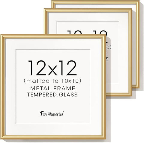 12x12 Gold Picture Frame, 12 x 12 Metal Frame Set of 3, Modern Gold Aluminum Frames with Tempered Glass, Matted to 10x10, Square 12 by 12 Wall Gallery Frame Set