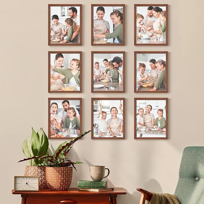 Renditions Gallery Set of 9, 8X10 Custom Photo Prints with Real Wood Picture Frames. Create Personalized Photos with Peel & Stick Photo Frames. Brown Frame