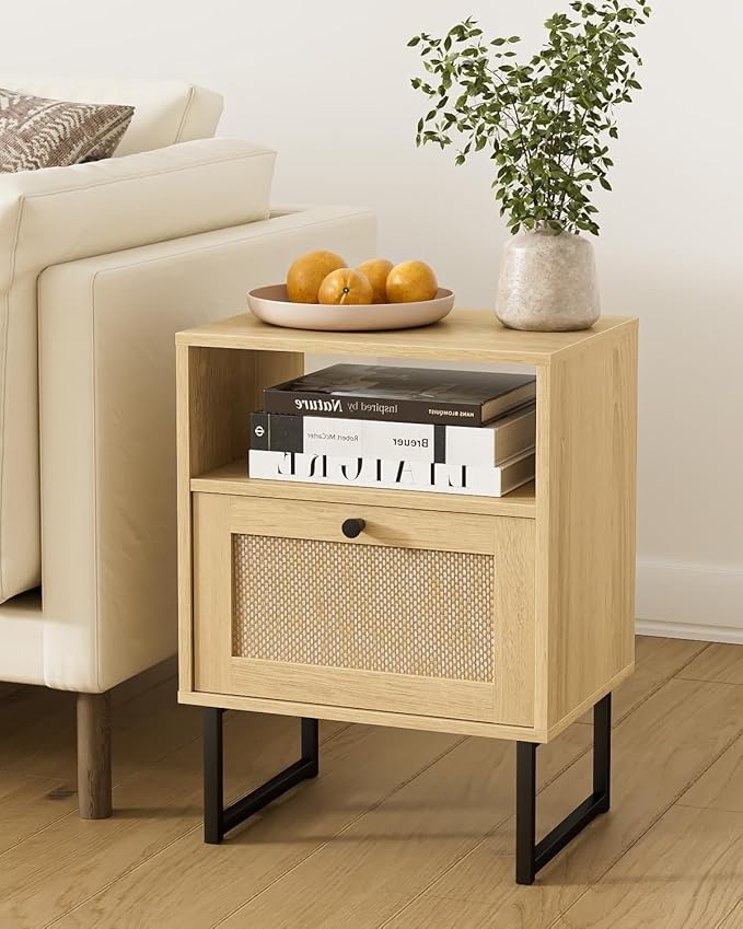 Rattan Nightstand, Boho Night Stand Farmhouse Wood Bedside Table with Storage and Open Shelf, End Side Accent Table for Bedroom,Living Room,Oak