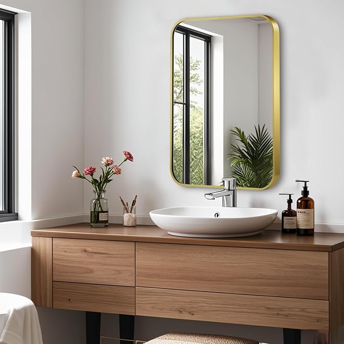 16x24 Inch Gold Mirror, Framed Rectangle Mirror with Rounded Corner, Brushed Brass Mirror, Gold Bathroom Mirror for Over Sink, Vanity, Living Room, Bedroom, Horizontal/Vertical