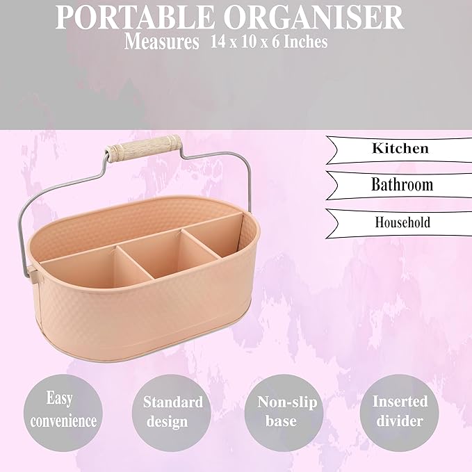 Alpha Living Home Heavu Duty Metal Utensil Caddy – 4-Compartment Silverware, Flatware, Cutlery Holder with Handle – Kitchen Organizer for Countertop, Buffet, Picnic, BBQ, Farmhouse(Peach)