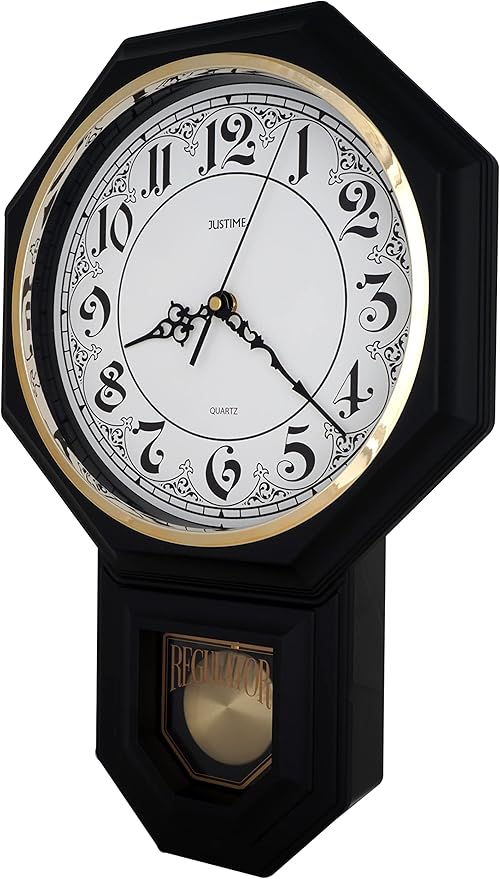 JUSTIME Traditional Schoolhouse Classic Vintage Arabic Regulator Wall Clock, Chiming Wall Clocks with Pendulum & Westminster Chime Hourly, Schoolhouse Wall Decor Battery Operated (Matte Black)