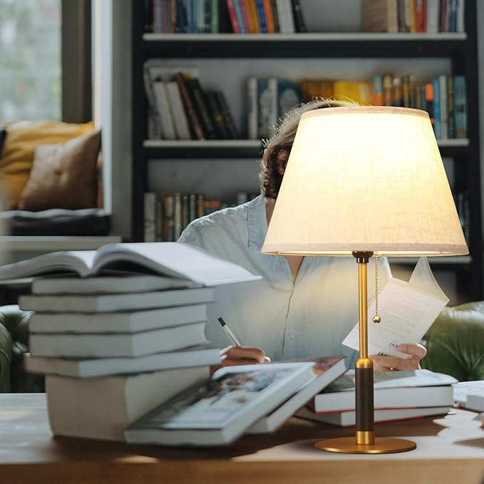 21" Bedside Lamps for Bedroom Living Room Modern Table Lamp Nightstand Lamp for End Tables 3-Color Temperatures Pull Chain Switch Wood Fabric for Home/Office/Desk Decor (Light Brown+Brass)