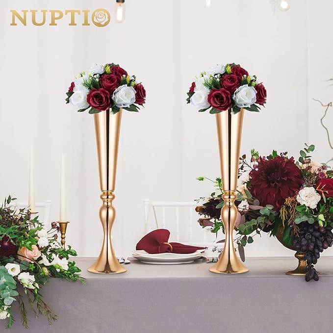 NUPTIO Flower Wedding Centrepieces for Tables - 6 Pcs 9.5in Diameter Burgundy & White Artificial Flowers Rose Ball for Centerpieces Table - Fake Rose Arrangements for Weddings Birthday Party Decor