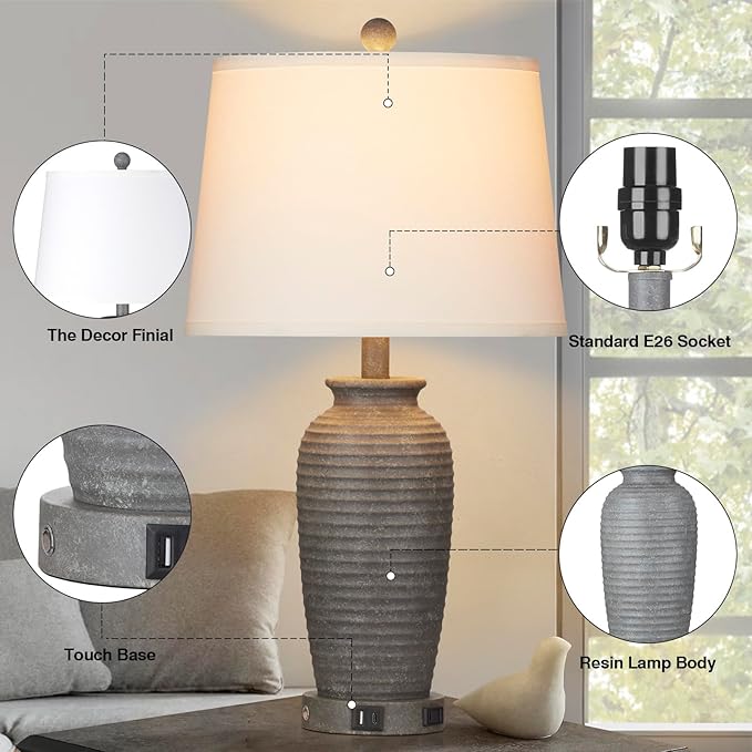 25" Farmhouse Jar Table Lamps, 3 Way Touch Control Rustic Bedside Lamps with USB A+C Ports & AC Outlet, Pot Nightstand Lamps for Bedroom Living Room (LED Bulbs Included)