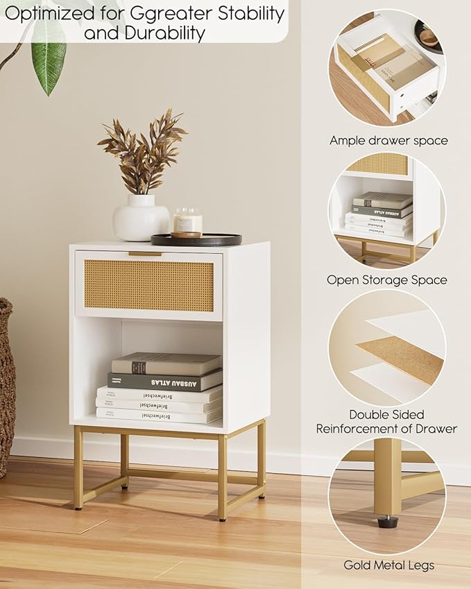Masupu Rattan Nightstand,Modern Night Stand Boho Farmhouse Wood Bedside Table with Storage Drawer Side End Table for Bedroom,Living Room,Office,White