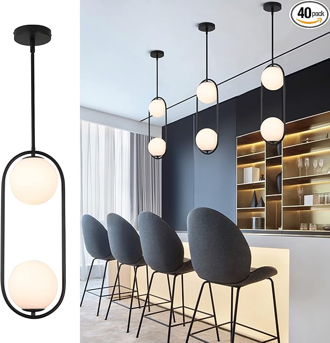 Modern Style Pendant Lighting Mid Century Pendant Light Fixture Hanging Lighting Fixture Vintage Style with White Globe Glass Lampshade Pendant Chandelier for Kitchen Island Dining Room Bedroom