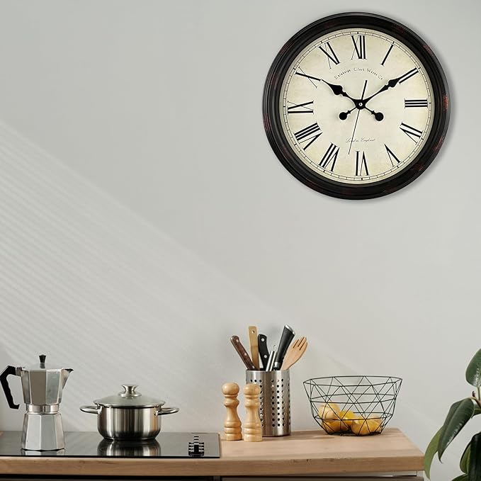 Round Classic Wall Clock Silent Non Ticking 16 Inch Extra Large Quality Quartz Vintage Clock, Rome Retro Decorate Clock Battery Operated, Easy to Read for Home Kitchen Living/Restaurant