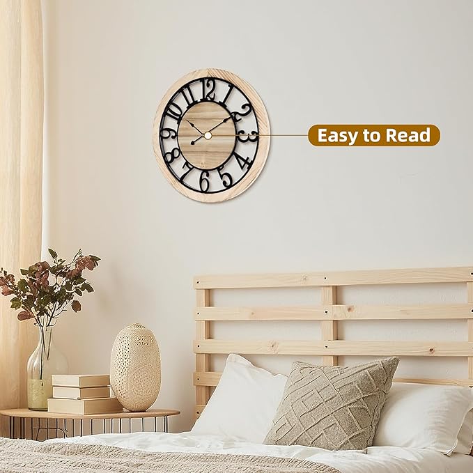 Maxstar 16'' Wall Clock for Living Room Decor, Ultra-Silent Rustic Wooden Farmhouse Wall Clock with Metal & Real Wood Frame, Battery Operated, for Kitchen Bedroom Office, Arabic Numerals