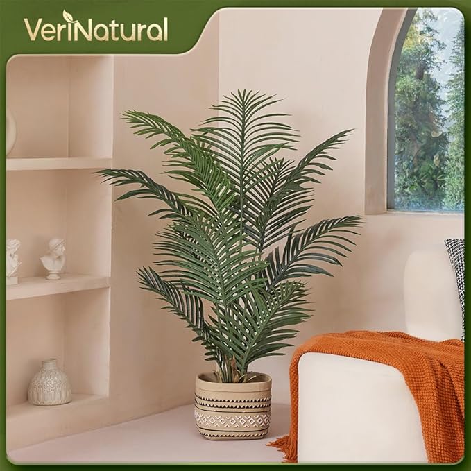 Artificial Palm Tree, 4FT Tall Fake Palm Trees with UV Resistant Leaves, Potted Faux Areca Palm Plant for Indoor Outdoor, Large Floor Plants for Home Living Room Porch Decor, VN125