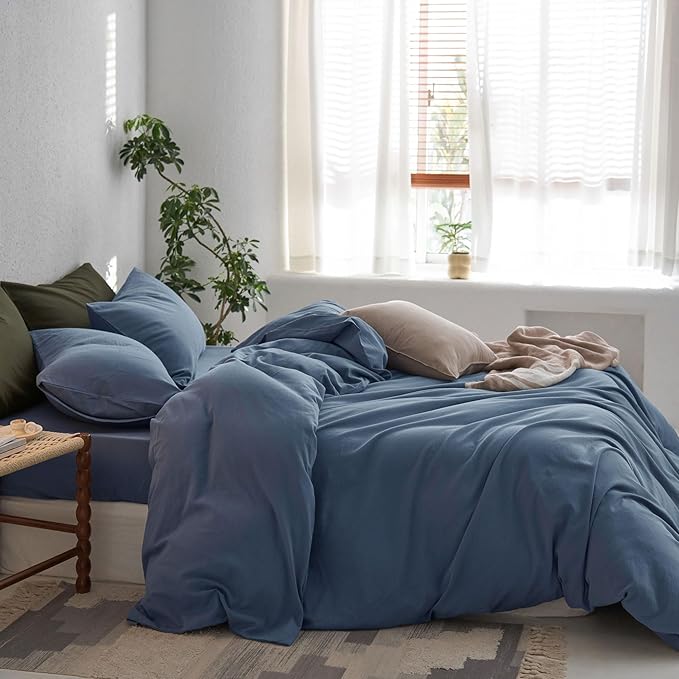 MooMee Super Queen Duvet Cover Set, 100% Washed Cotton Linen Twill Thick Sturdy Material Super Soft Breathable Durable Bedding for All Season, 3 Pieces (Blue, Super Queen 90"x98")