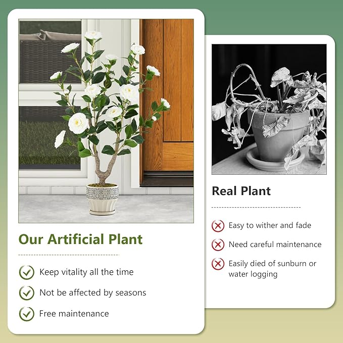 Goplus 36’’ Artificial Camellia Tree, 2 Pack Flower Plants Artificial Tree, Faux Floral Plant Blooming Tree in Nursery Pot, Greenery Potted Plant for Indoor Office Home Porch Decor, White