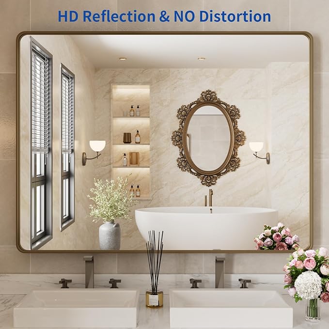 WEER Bronze Bathroom Mirror 48x36 Inch, Farmhouse Oil Rubbed Bronze Mirror for Wall, Aluminum Alloy Brushed Bronze Metal Frame Mirror for Vanity, Tempered Glass, Anti-Rust (Horizontal/Vertical)