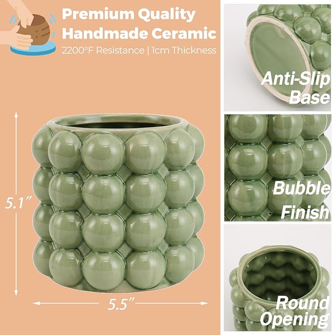 Bubble Vase, Small Vase, Green Ceramic Vase, Short Vase, Ceramic Flower Vase, Unique Vase Home Decor, Decorative Vase for Flowers, Living Room, Bedroom, Office, Shelf, Coffee Table, 5 Inches
