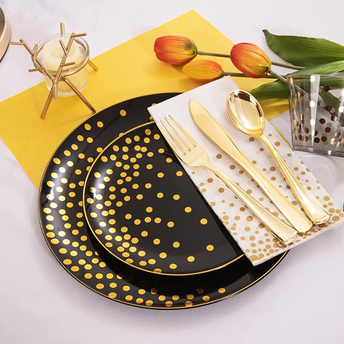 U-QE 350PCS Black and Gold Plastic Dinnerware Set - Graduation Plates and Napkins 2025 - Graduation Party Supplies Include Gold Dot Plastic Plates, Gold cutlery, Napkins, Cups(50 Guests)