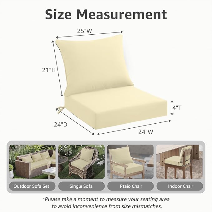 Outdoor Seat Cushion Set 24 x 24 x 4 Inch, Waterproof & Fade Resistant Patio Furniture Cushions with Removable Cover and Ties, Thick Deep Seating Pads for Outside Chair Sofa Couch, Yellow