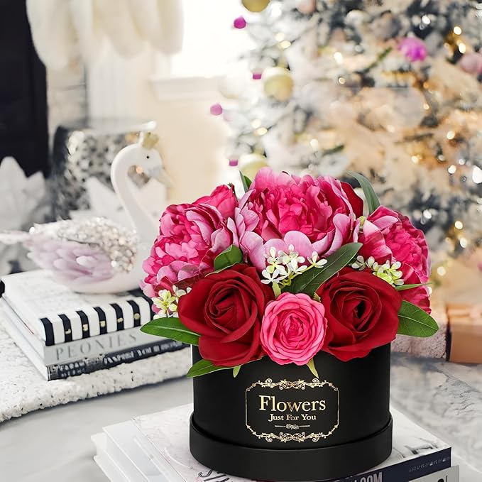 Hollyone Red Artificial Peonies Roses in Vase Round Gift Boxes with Fake Flowers Arrangements Faux Flowers Floral in Box Vase for Her Mothers' Day Valentine's Day Christmas Birthday Graduation Gift