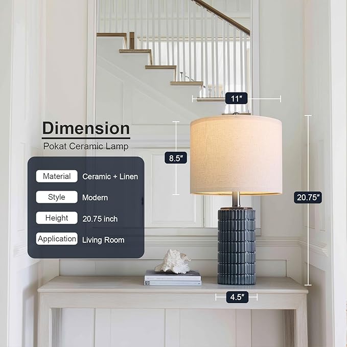 PoKat 20.75" Small Blue Table Lamps, Farmhouse Bedside Lamps for Bedroom Set of 2, Ceramic End Table Lamps for Night Stands Living Room, Modern Nightstand Desk Lamps, Dark Blue