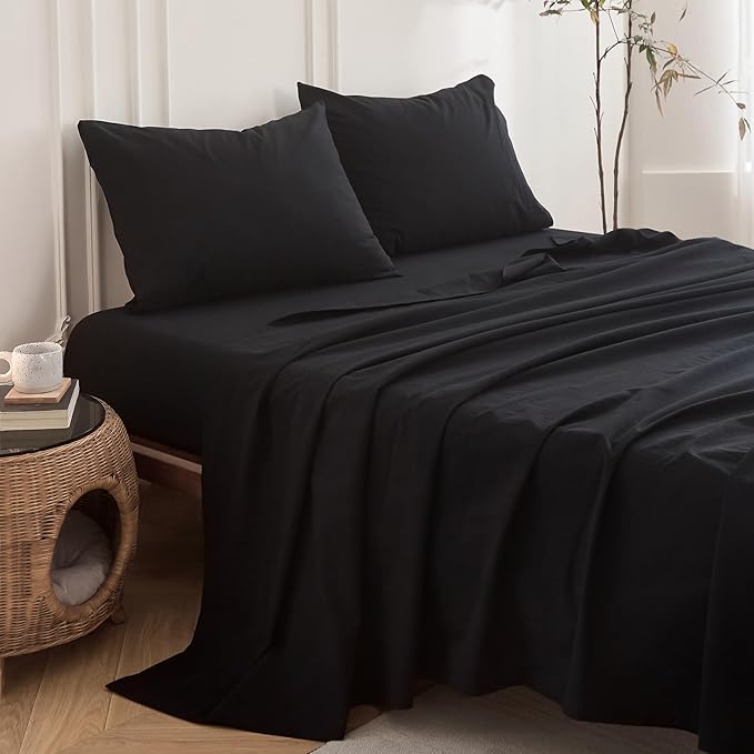 6PS Linen Like Bedding Sheet Sets Black Queen Size Cotton Bedding Set Oeko-TEX Standard 100% Washed Cotton Deep Pocket Queen Size Fitted Sheet Plus Cozy Flat Sheet and 4 Pillowcases