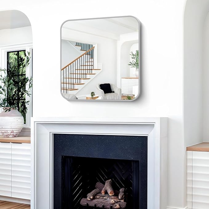 Silver Bathroom Mirror, 30 x 30 Inch Silver Square Mirror, Metal Framed Rectangular Vanity Mirror, Rounded Corner Wall Mounted Mirror for Living Room Bedroom Entryway Hangs Horizontal/Vertical