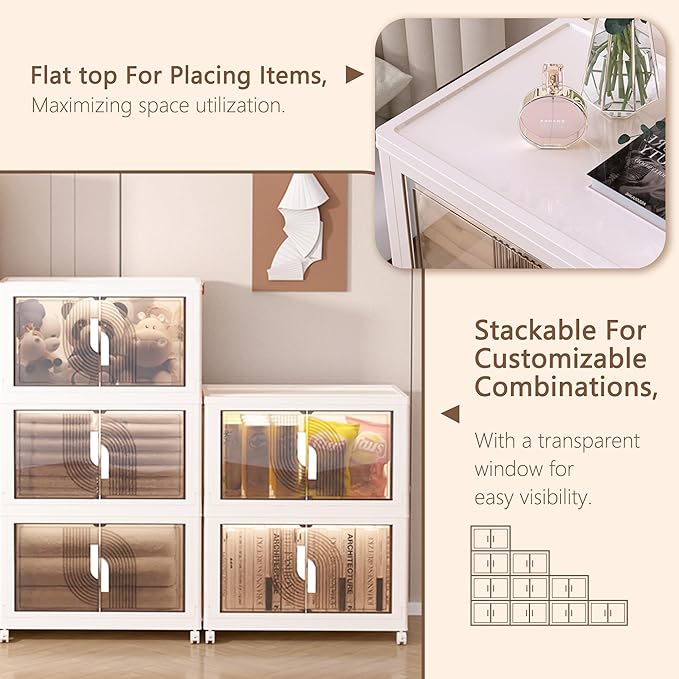 Foldable Storage Bins with Lids Stackable Storage Bins with Doors and Wheels Magnetic Dual-Opening Doors Storage Containers for Bedroom, Living Room, Closet, Laundry (White-3Pack)