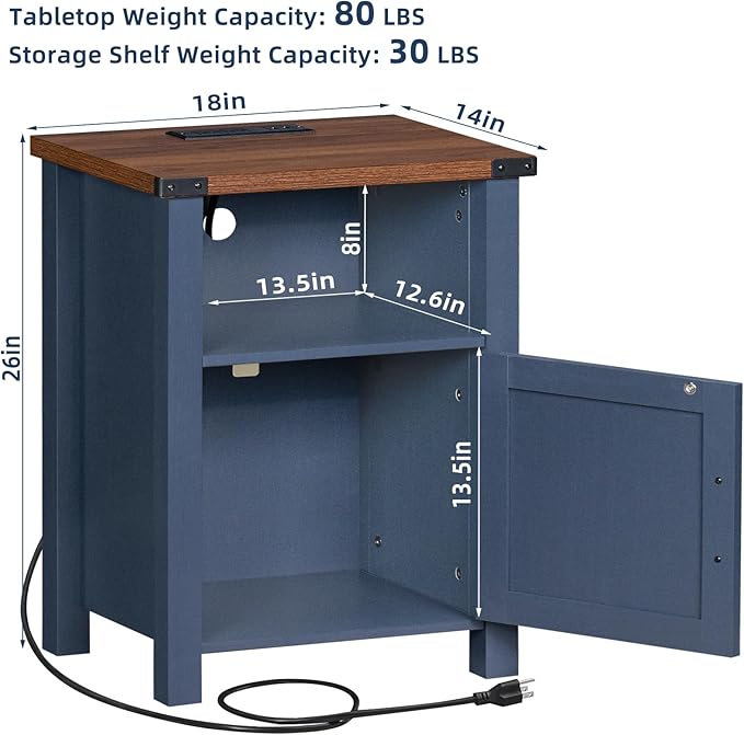 Night Stand with Charging Station and USB Port, 18 Inch Farmhouse Nightstand with Storage Shelf, Rustic Couch End Table with Magnetic Door, Wood Bed Side Tables for Bedroom, Home, Nayv Blue