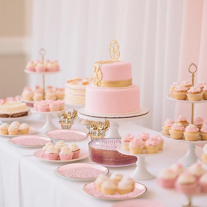 DaYammi 240Pcs Pink Plastic Plates Including 120Pcs Pink Dessert Plates and 120Pcs Gold Plastic Forks,Hammered Party Plate,pink and Gold Appetizer plates Heavy duty Disposable Plate for All Occasions