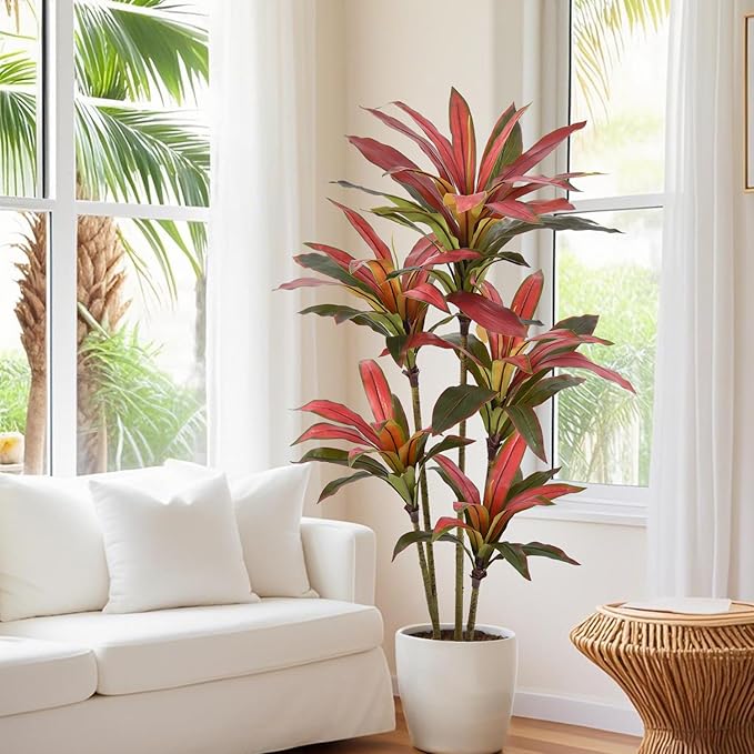 Artificial Dracaena Tree 5ft(60in) Tall Large Faux Silk Plants with Realistic Trunks and Red Leaves, Fake Floor Potted Artificial Plants for Home Office Indoor Decor (5feet,1Pack)
