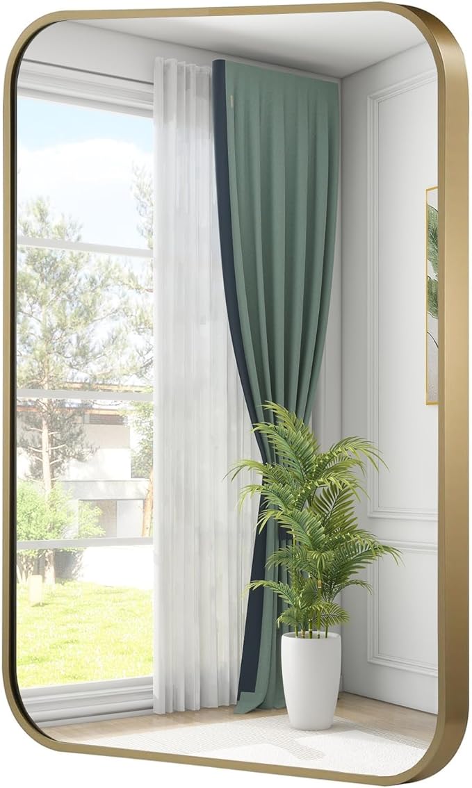 Gold Mirror, 24x36 Inch Framed Rectangle Mirror with Rounded Corner, Brushed Brass Mirror, Gold Bathroom Mirror for Over Sink, Vanity, Living Room, Bedroom, Horizontal/Vertical