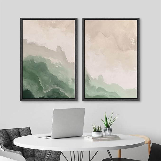 MUDECOR Framed Canvas Print Wall Art Soft Green and Beige Abstract Calming Watercolor Landscape Illustrations Modern Art Decorative Bohemian Chic for Living Room, Bedroom, Office - 16"x24"x2 Black