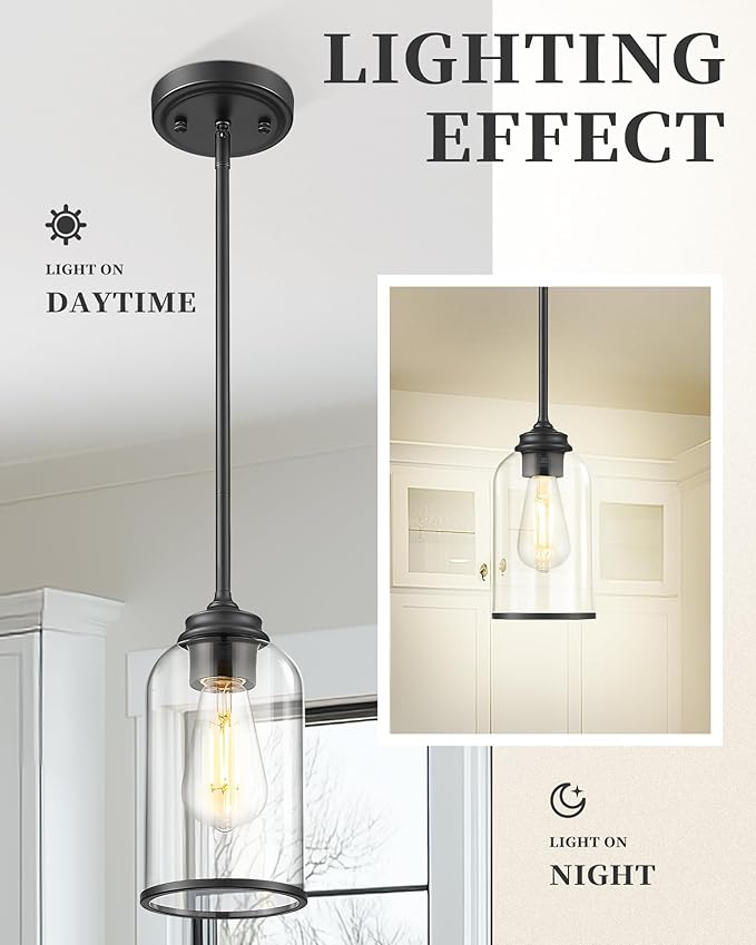 LIROUVET 2 Pack Pendant Lights Kitchen Island, Modern Pendant Lights, Black Hanging Lamp with Clear Glass, Industrial Pendant Light Fixtures for Dining Room PL02 CLBK-2PK