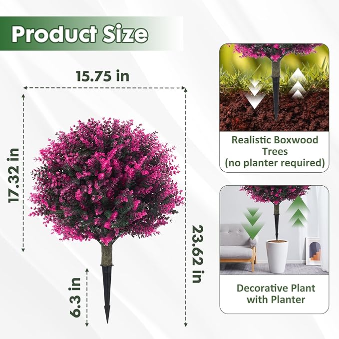 Set of 2 Artificial Boxwood Topiary Ball Bush for Outdoor with Ground Spike 21.6", UV Resistant Faux Greenery Shrubs, Fake Rose&Green Boxwood Plants for Garden, Yard, Porch, Patio Decor