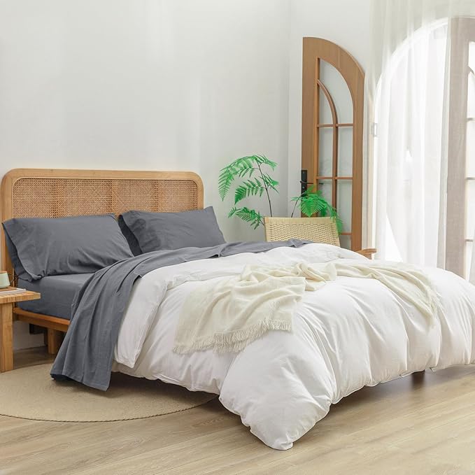 BESTOUCH Sheet Set 100% Washed Cotton Linen Feel Super Soft Comfortable Chic Lightweight 4 Pcs Home Bedding Set Solid Quiet Shade Grey King