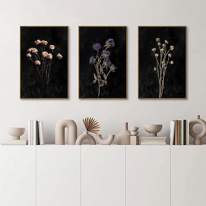 SAFERRYHOME Moody Dark Floral Wall Art Set of 3 - Vintage Black Botanical Canvas Prints Framed Dried Wildflower Artwork, Modern Dark Academia Decor for Living Room, Bedroom & Office - 16x24 Inch Framed