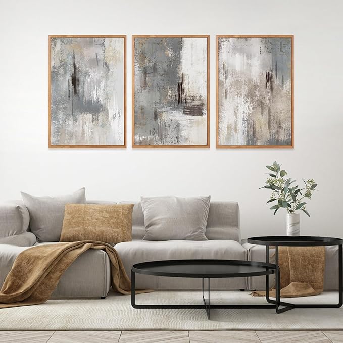 Large Abstract Grey and Beige Framed Canvas Wall Art,Neutral Brush Stroke Wall Decor,Natural Modern Color Block Artwork,Minimalist Nordic Art Print for Living Room,Bedroom,Office-24 x36 x3