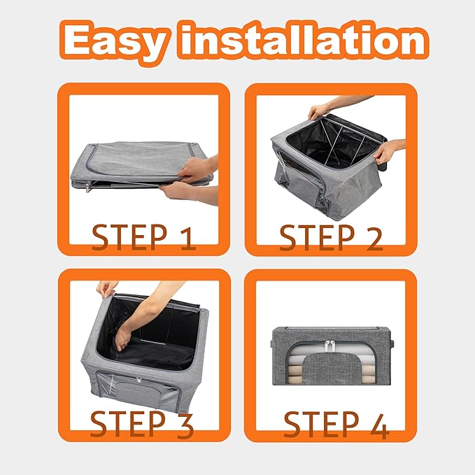 22L Stackable Clothes Storage Bins with Metal Frame, 4 Piece Stackable Clothes Organizer with Double Opening + Clear Window Design for Cabinets, Under Beds, Storage and Garage Gray