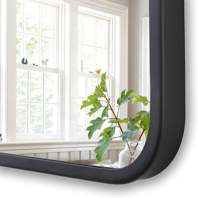 30"x36" Bathroom Wall Mirror with Matte Black Metal Frame & HD Glass, Copper-Free Mirrors Modern Rectangle Round Corner Framed Vanity Mirror - Horizontal or Vertical Installation