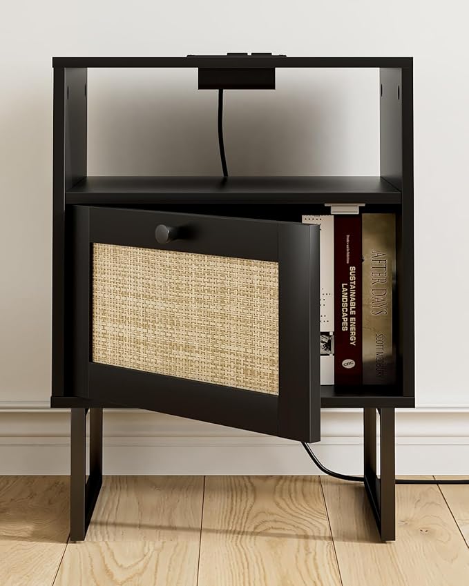 Rattan Nightstand with Charging Station, Boho Night Stand Farmhouse Wood Bedside Table with Storage and Open Shelf, End Side Accent Table for Bedroom,Living Room,Black