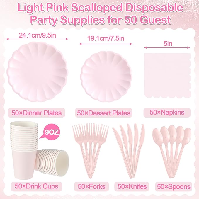 Newtay Light Pink Scalloped Paper Plates Shell Edge Disposable Tableware Cocktail Napkins Cups Plastic Spoons Forks Knives for Wedding Baby Shower Picnic Birthday Party Supply for 50 Guests