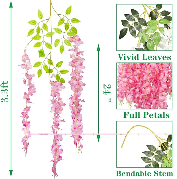 24 Pack Artificial Fake Wisteria Vine Ratta (3.75 Feet) Hanging Garland Silk Flowers String Home Party Wedding Decor (Deep Pink)